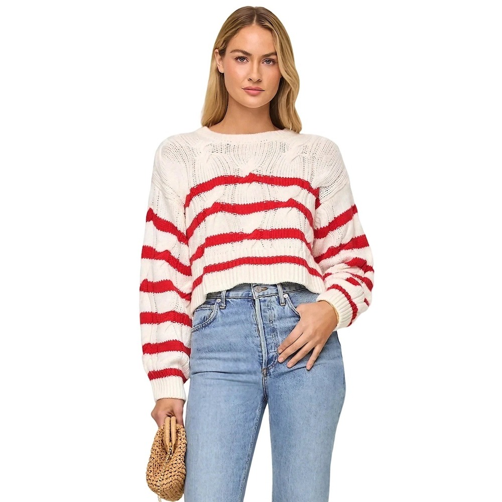 L*Space Kensley Wool Blend Stripe Knit Crop Pullover Sweater Cream Red Women M